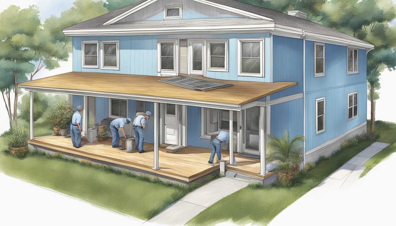 A home inspector examines the exterior and interior of a double-wide home, checking for structural integrity, plumbing, electrical systems, and overall condition