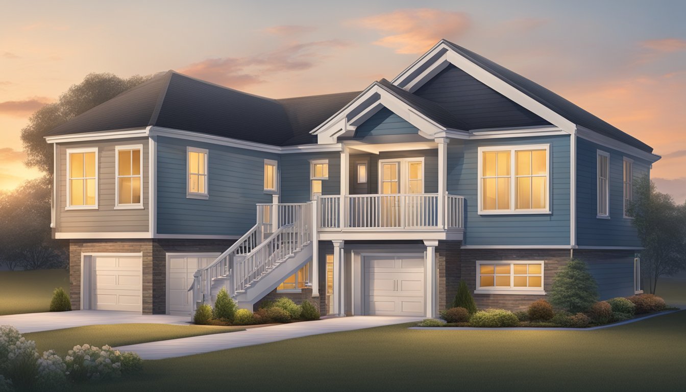 A double wide home with security cameras at each corner, motion sensor lights, and a keypad entry system at the front door