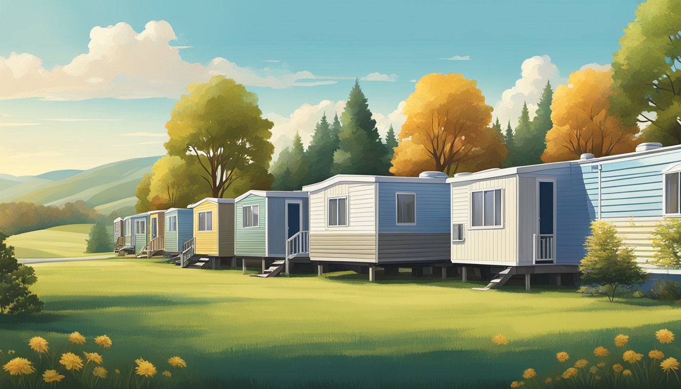 A row of double wide mobile homes nestled among trees with a backdrop of rolling hills and a clear blue sky