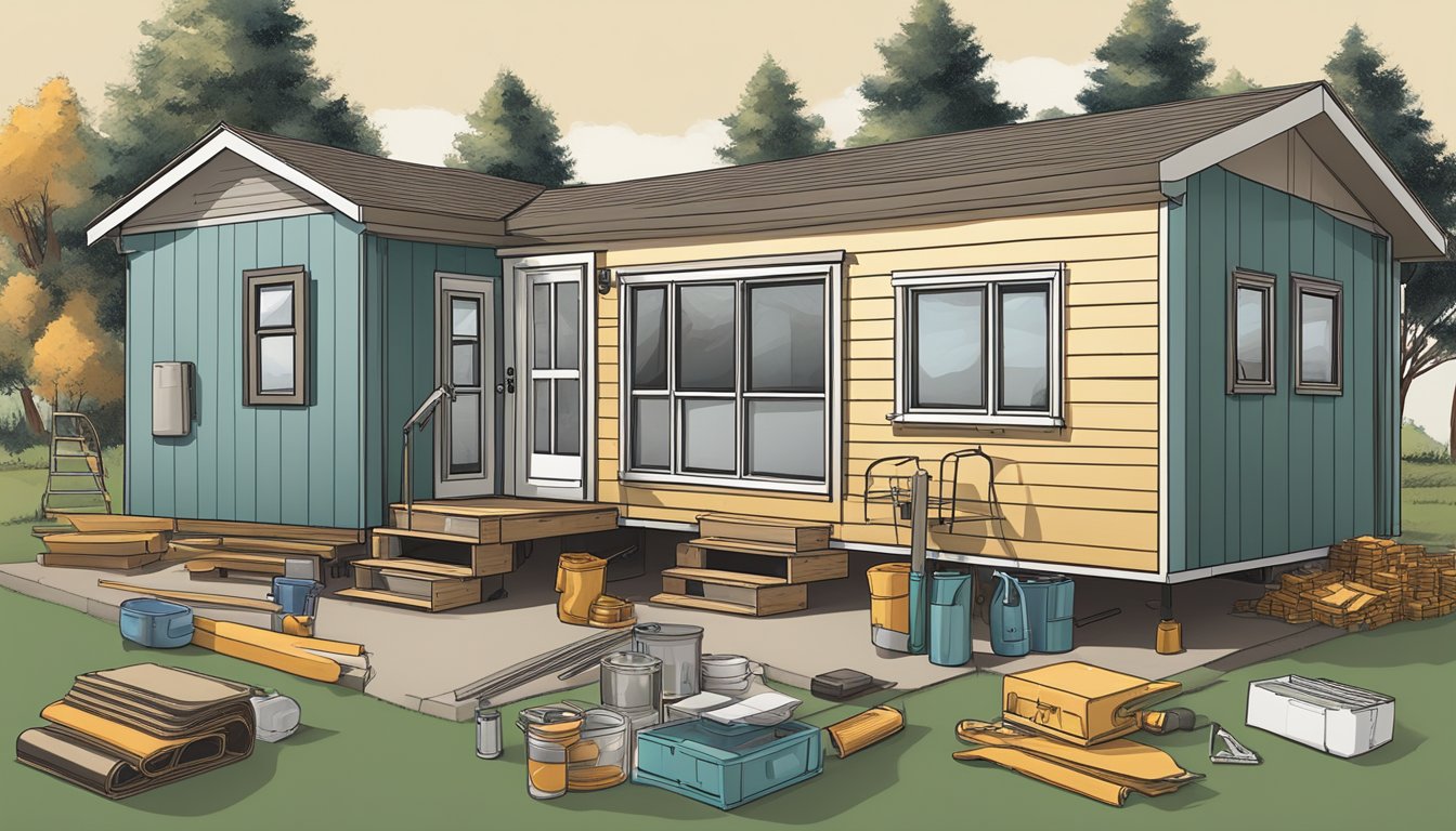 A double-wide mobile home surrounded by tools, building materials, and a financial document showing different financing options