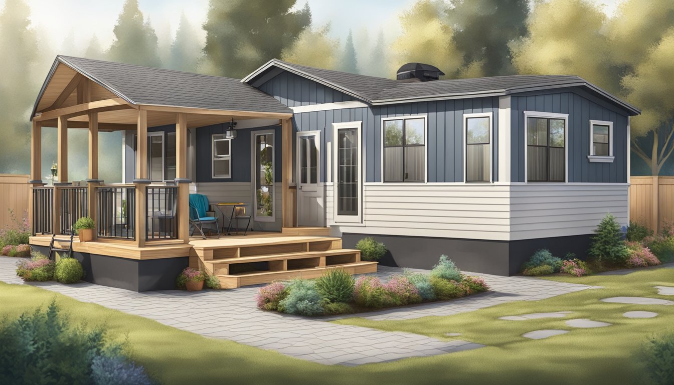 A double wide mobile home with a newly renovated exterior and landscaping, surrounded by construction materials and tools