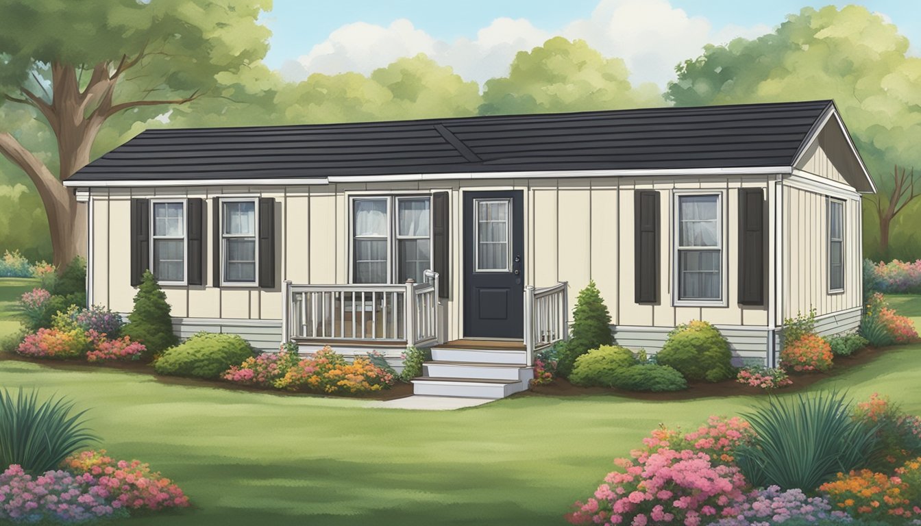 A double wide mobile home with a new roof and freshly painted siding, surrounded by landscaped gardens. A sign advertises financing options for home improvements