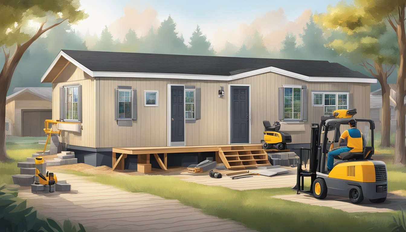 A double wide mobile home surrounded by construction materials and tools, with a contractor discussing financing options with the homeowner