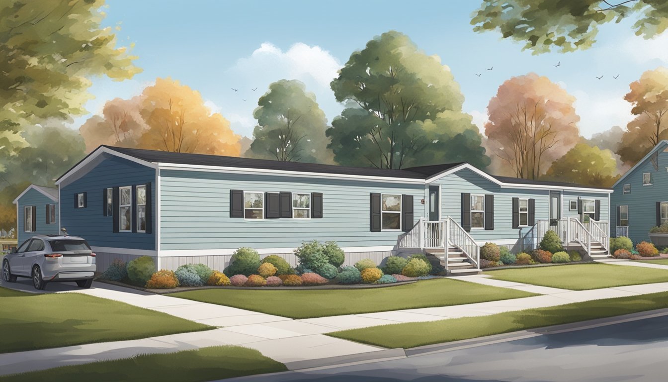 A double wide manufactured home sits in a well-maintained community, surrounded by neatly landscaped yards. A crew of workers is seen installing new siding and windows, while others are laying down fresh gravel on the driveways