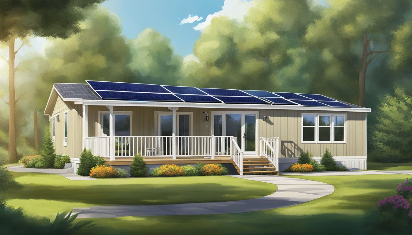 A double wide manufactured home with solar panels on the roof, surrounded by sunny skies and green trees