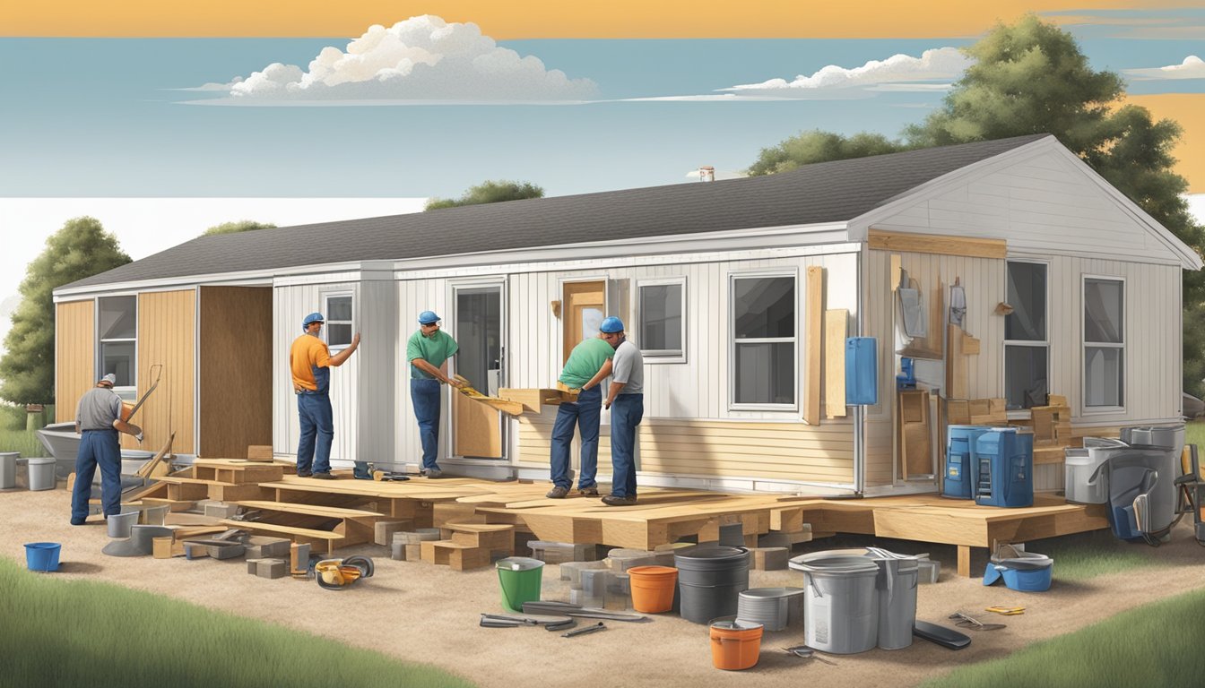 A double wide mobile home with renovations underway, surrounded by tools, building materials, and a contractor discussing financing options with the homeowner