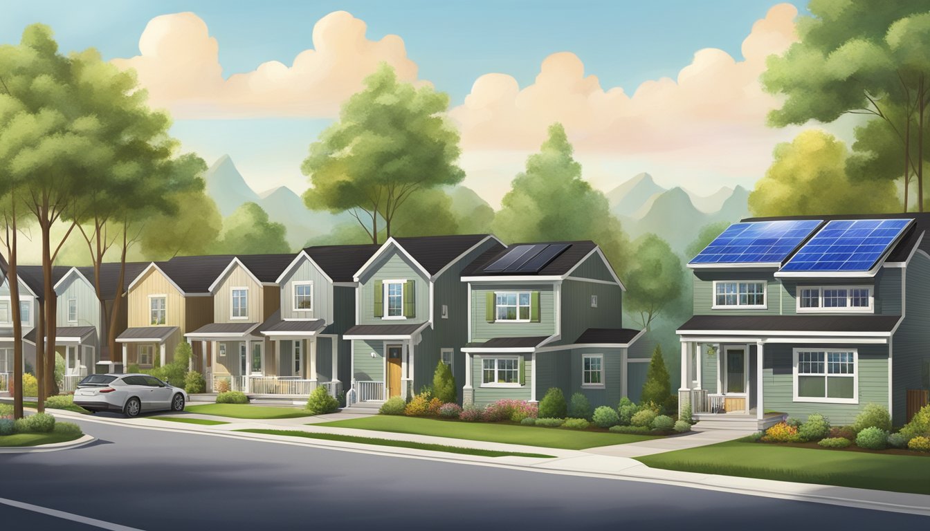 A suburban neighborhood with double wide homes equipped with solar panels, surrounded by greenery and a sense of community