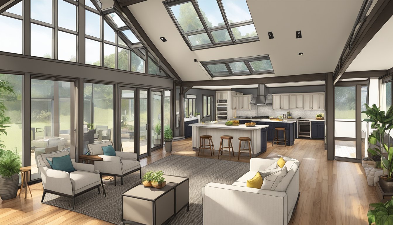 An open floor plan double wide with large windows, skylights, and glass doors, allowing natural light to flow throughout the space