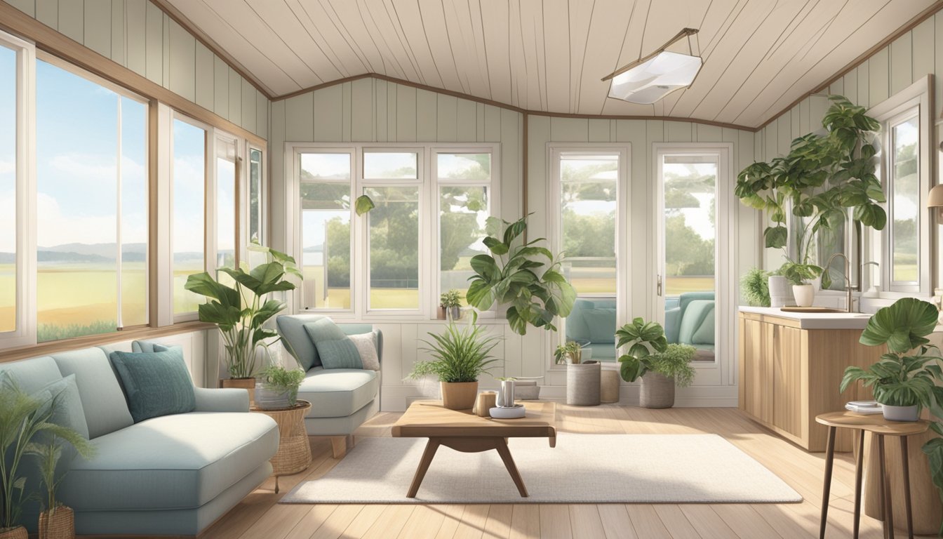 A double wide mobile home with large windows and strategically placed mirrors to maximize natural light. Plants and light-colored decor add to the bright and airy atmosphere