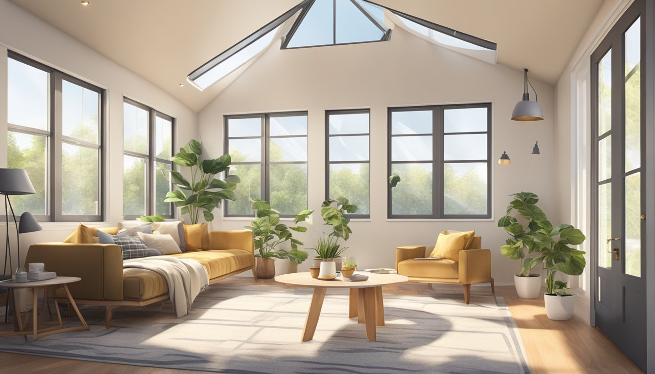 A bright and airy double wide room with large windows and skylights, allowing natural light to flood the space