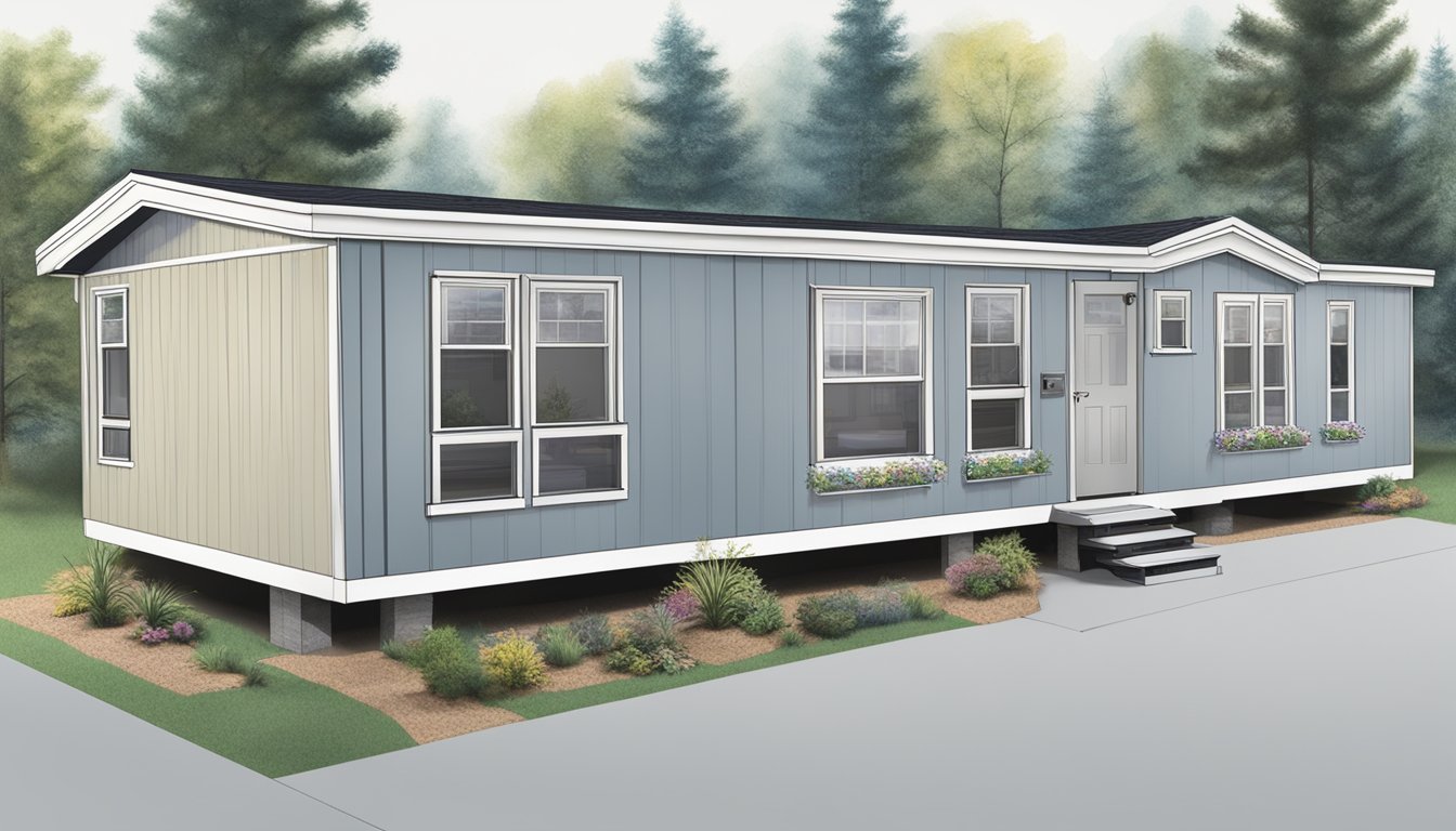 A double wide manufactured home surrounded by inspectors and blueprints