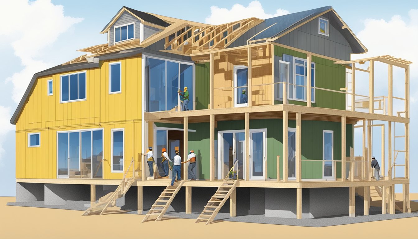 A double wide home being built to meet design and construction standards, with workers following building codes