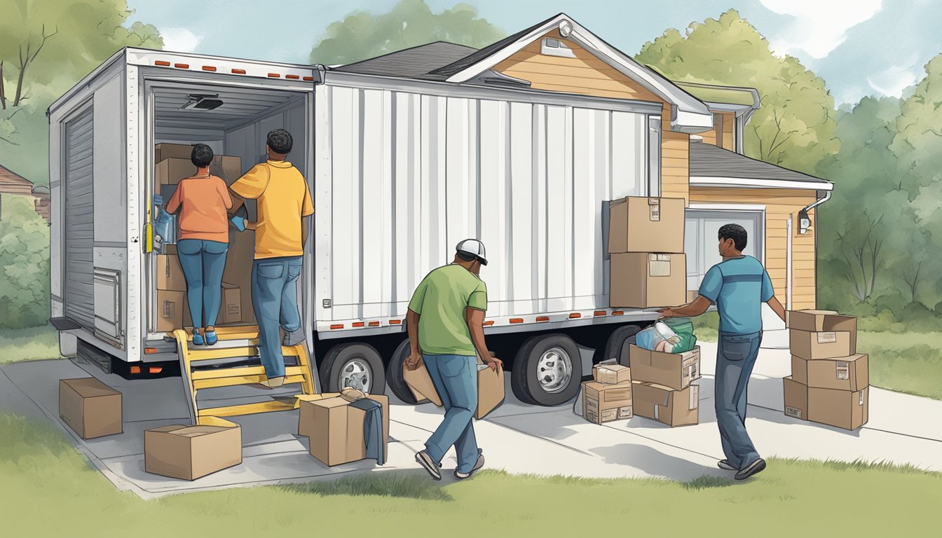 A couple watches as their belongings are loaded onto a moving truck outside their suburban home, preparing to downsize to a double wide