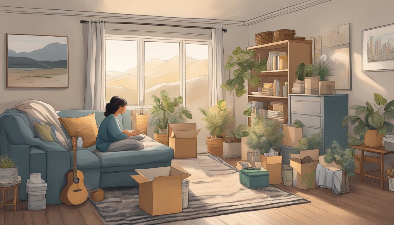 A person unpacks and organizes belongings in a cozy double wide, surrounded by comforting decor and natural light, symbolizing the emotional journey of downsizing