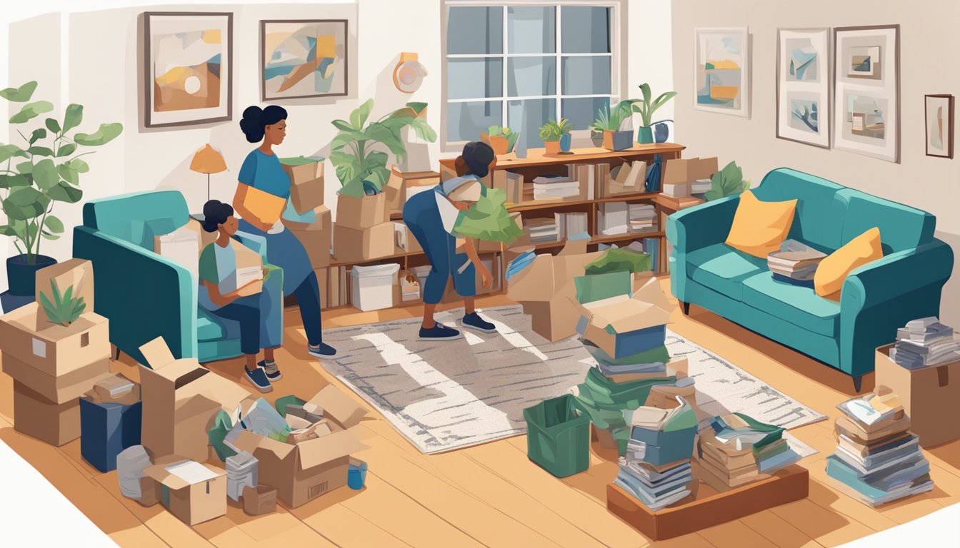 A family sorts through belongings, packing boxes in a cluttered living room. Furniture is stacked against the walls, ready for the move to a double wide