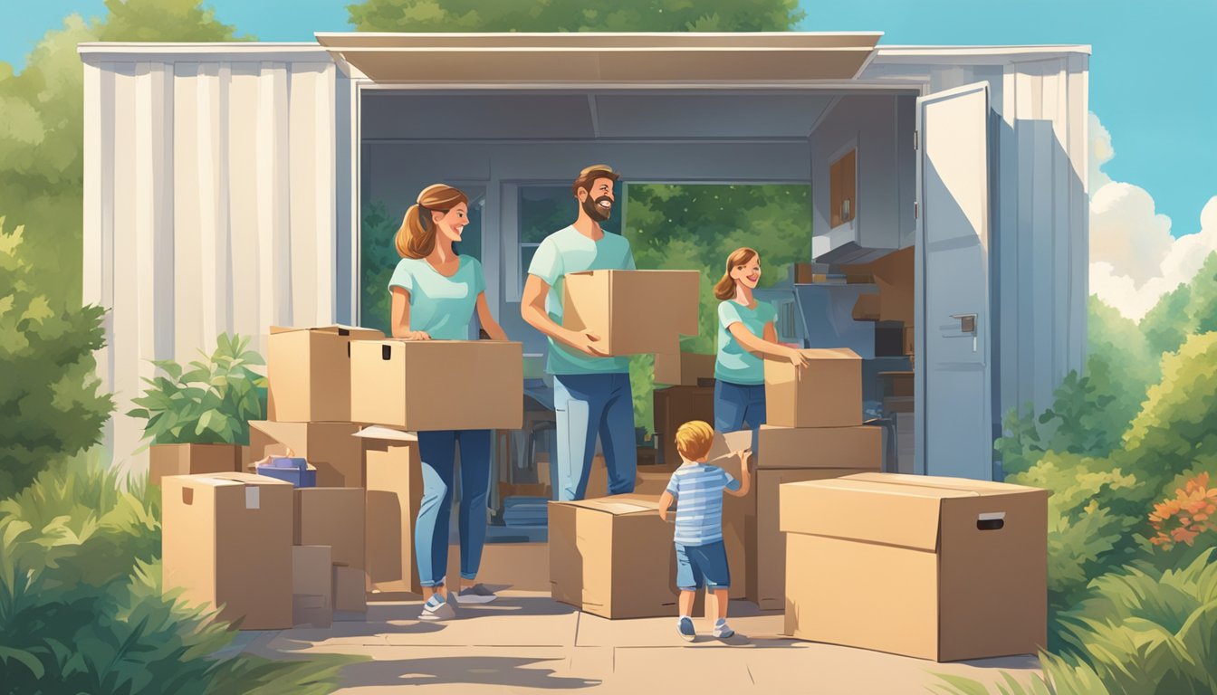 A family of four happily unpacking boxes in their cozy double wide, surrounded by lush greenery and a bright blue sky