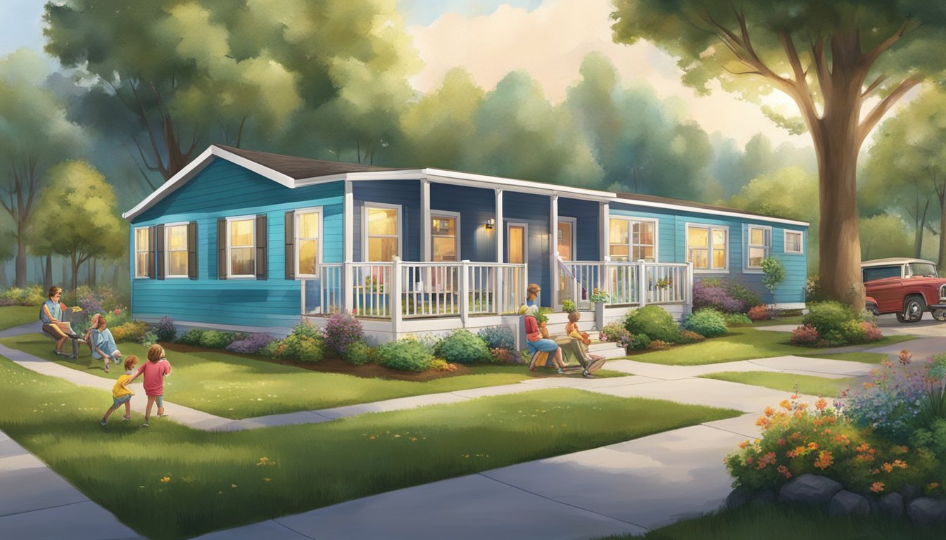 A double wide manufactured home nestled in a vibrant community, surrounded by trees and green space, with neighbors socializing and children playing