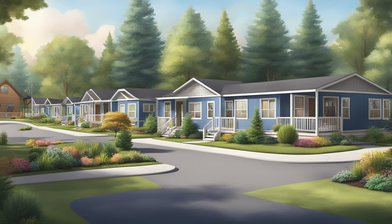 A double wide manufactured home nestled among a community of similar homes, surrounded by trees and greenery with a playground and communal gathering areas