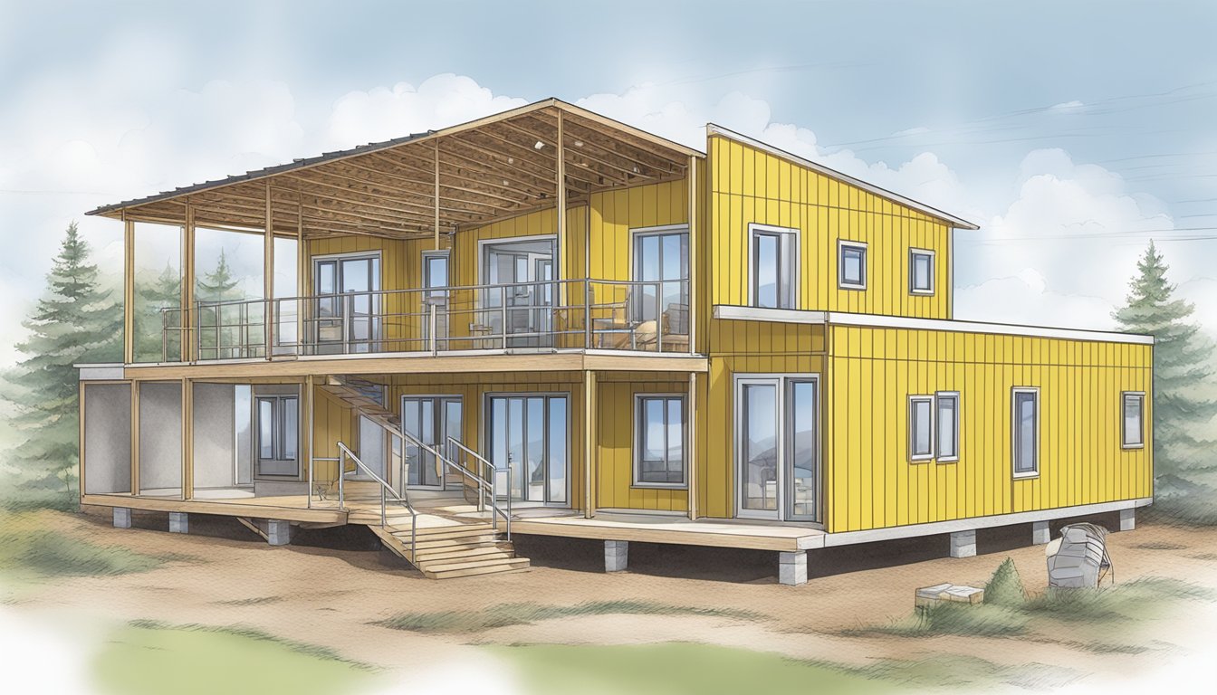 An illustration of a double wide home being constructed with a focus on moisture control factors such as proper ventilation, insulation, and sealing techniques