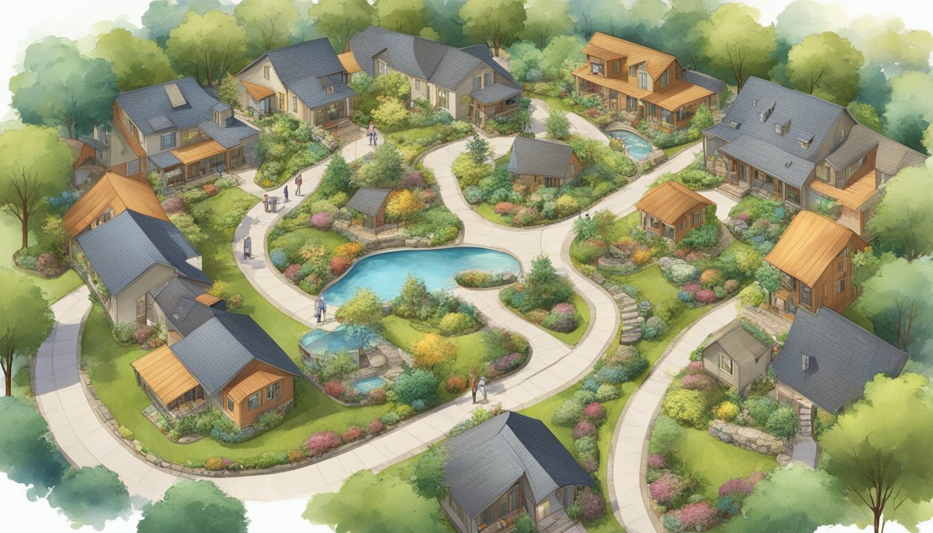 A diverse community of double wide homes, surrounded by lush greenery and connected by winding pathways, with families and individuals interacting and socializing outdoors