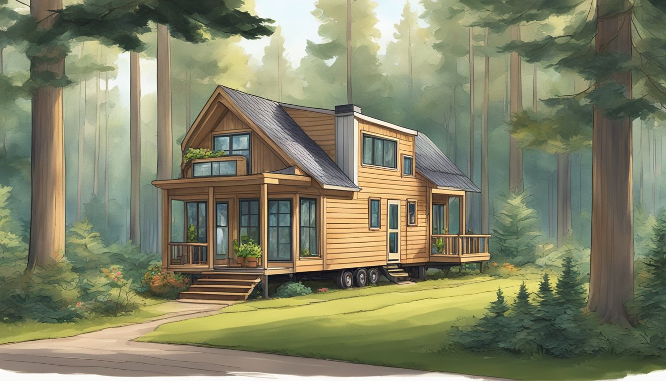 A cozy double wide home nestled among towering trees, surrounded by lush greenery, with a tiny house on wheels parked nearby