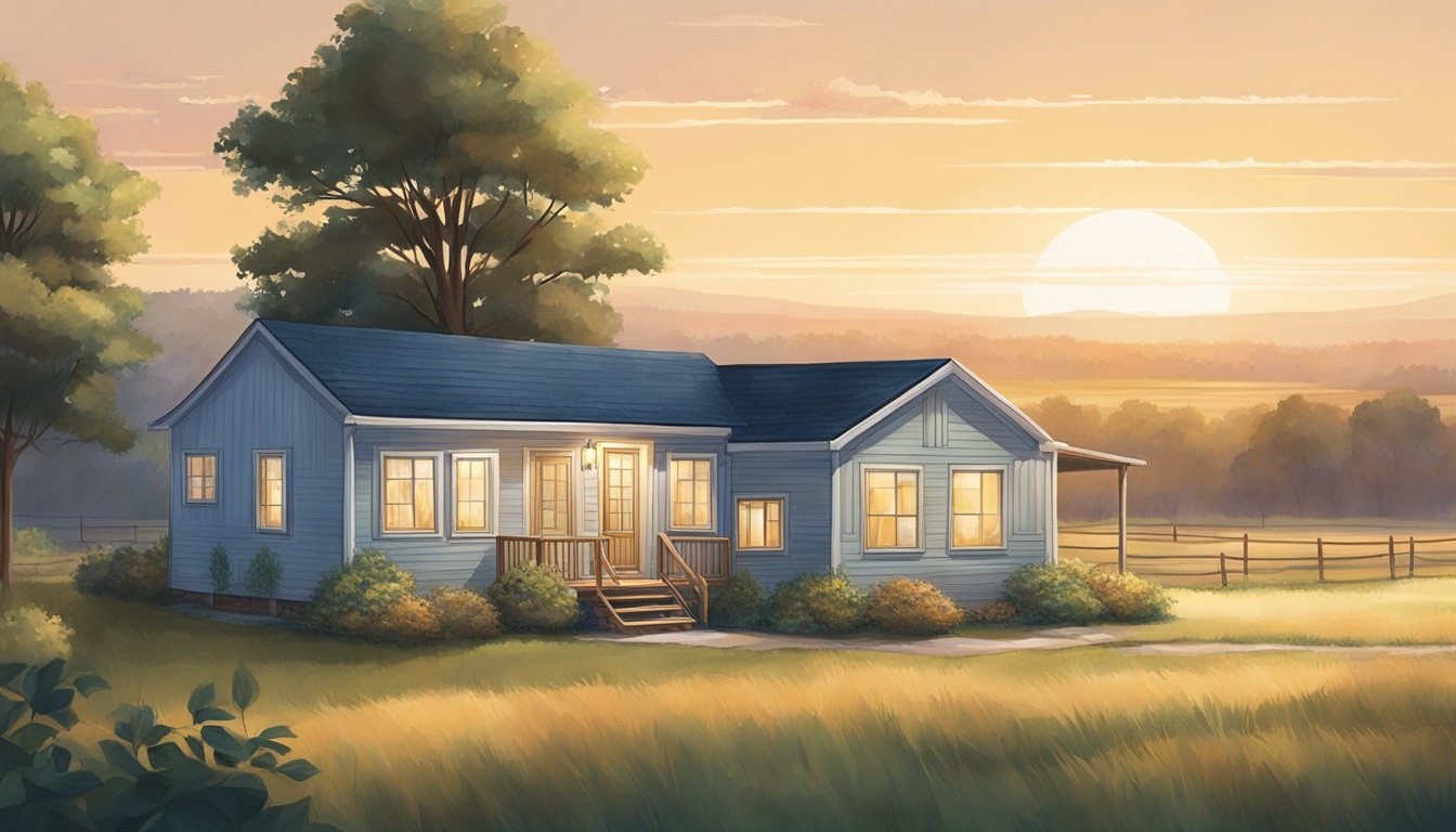 A double wide home sits in a rural setting, surrounded by open fields and trees. The peaceful scene contrasts with the bustling city in the distance