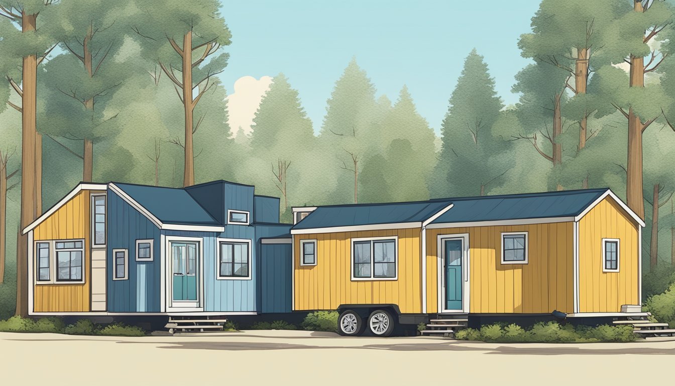 A double wide home and a tiny house side by side, surrounded by trees and a clear blue sky. The double wide home is spacious and modern, while the tiny house is quaint and minimalist