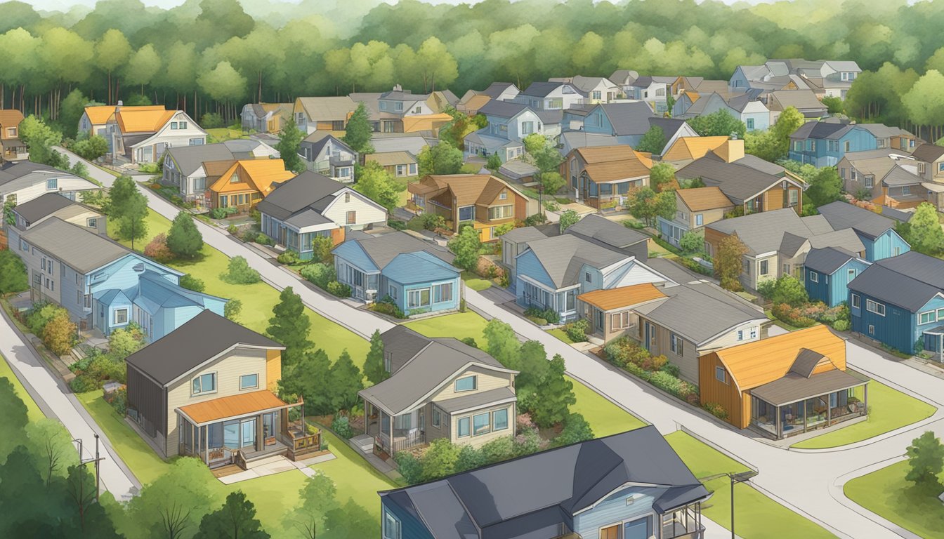 A bustling community of double wide homes and tiny houses, surrounded by greenery and modern amenities