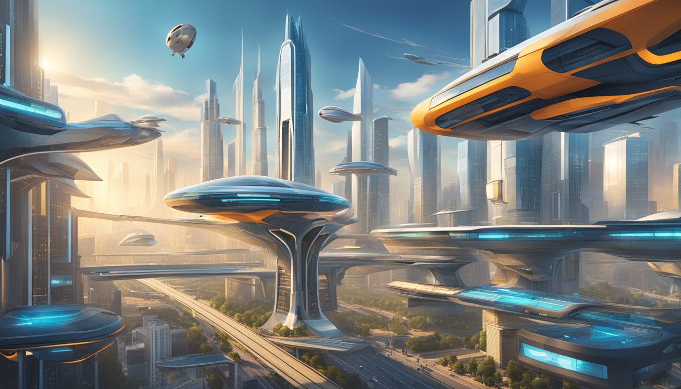 A futuristic cityscape with sleek, double-wide buildings and advanced technology integrated into the architecture. A network of flying vehicles and high-speed transit systems crisscross the sky