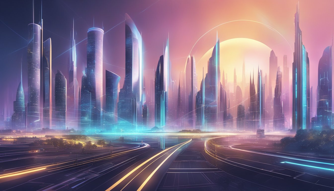 A futuristic city skyline with holographic projections and advanced technology integrated into the architecture