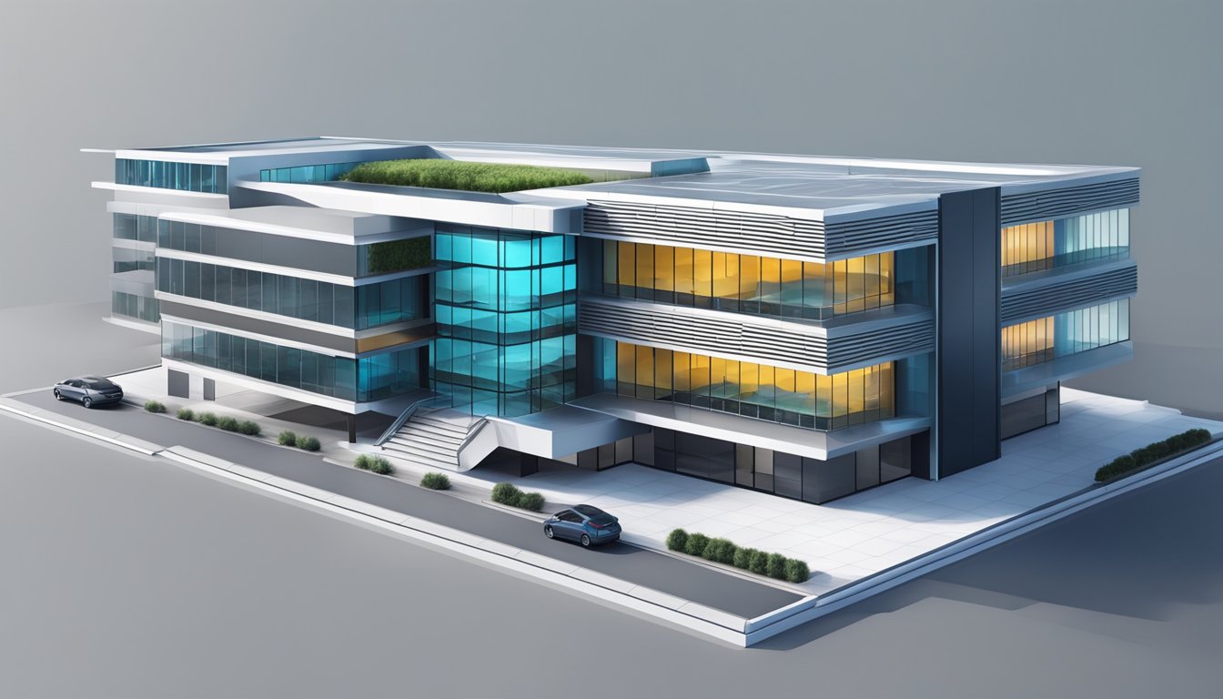 A futuristic double wide office building with advanced technology integrated into its design and operations