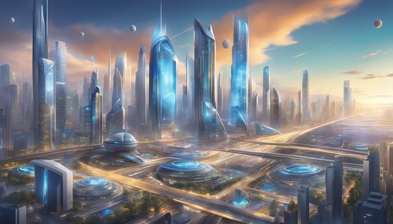 A futuristic city skyline with sleek, cutting-edge tech buildings and bustling activity, showcasing the innovation and investment in Double Wide Technology