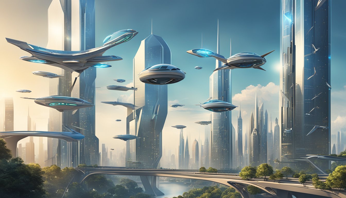 A futuristic cityscape with sleek, towering buildings and advanced technology integrated into the landscape. A network of flying vehicles and drones buzz overhead, showcasing the cutting-edge innovation of Double Wide Technology