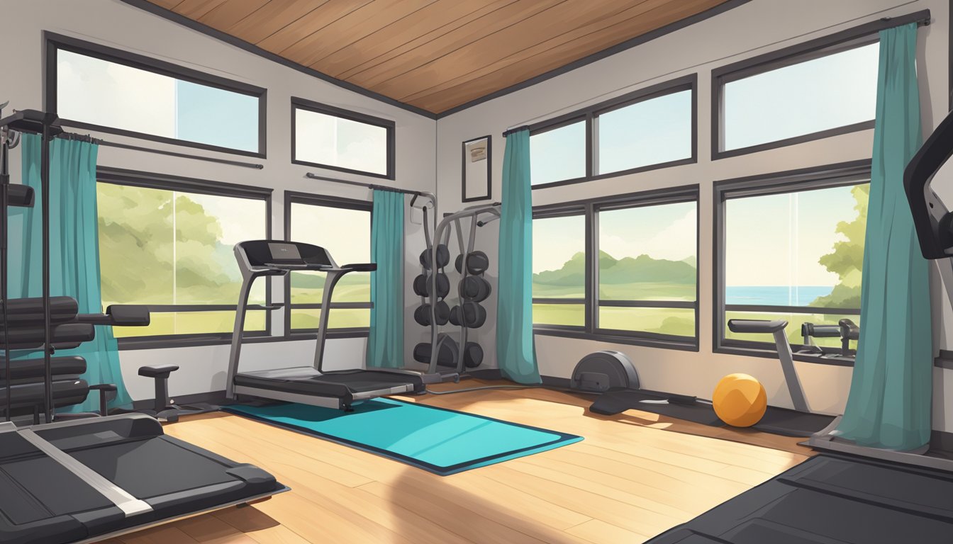 A double wide trailer with essential gym equipment: treadmill, dumbbells, yoga mat, and resistance bands. Large windows let in natural light