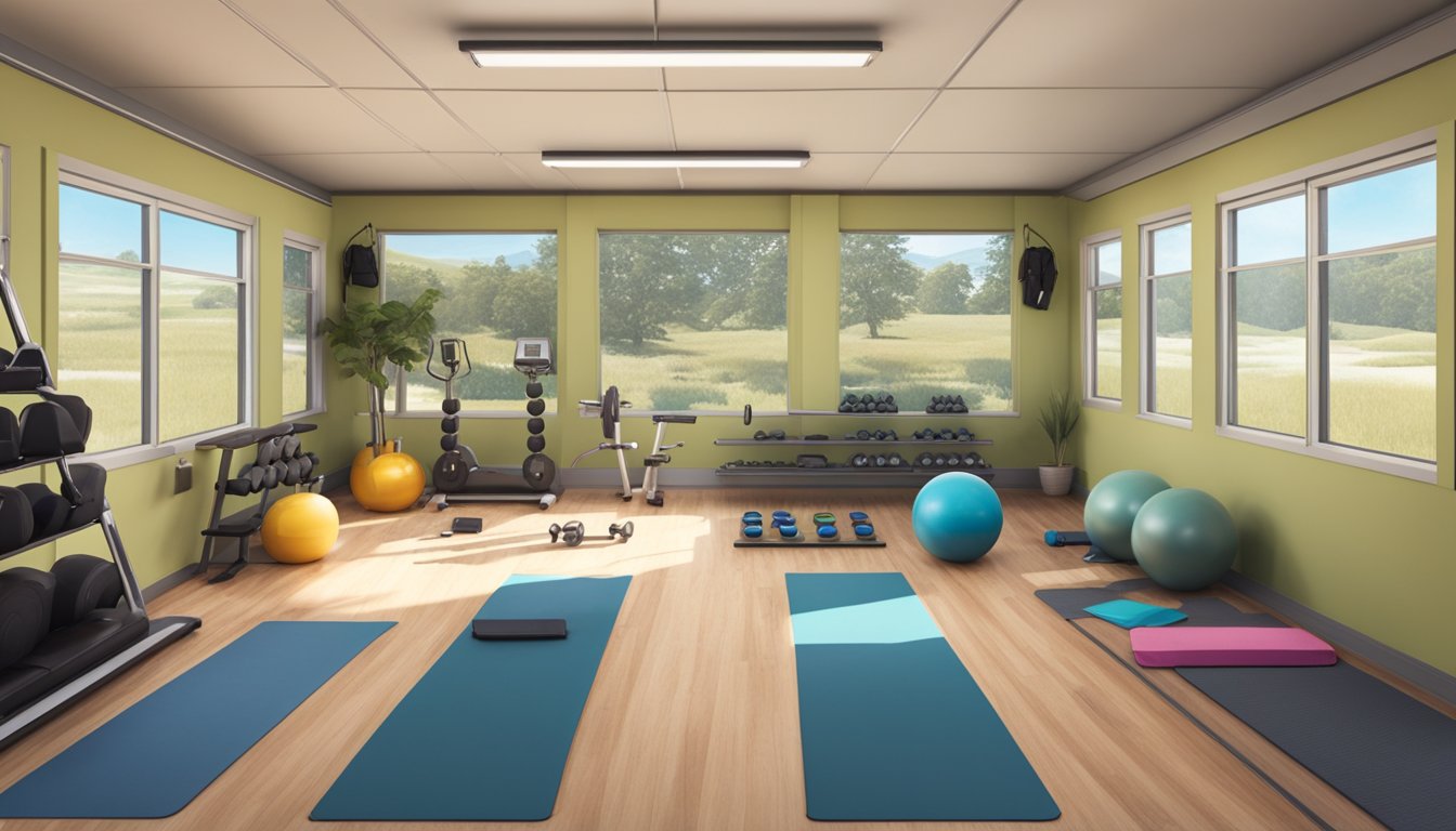 A double wide trailer with exercise equipment, yoga mats, and weights set up in a dedicated workout space. Windows let in natural light, and motivational posters adorn the walls