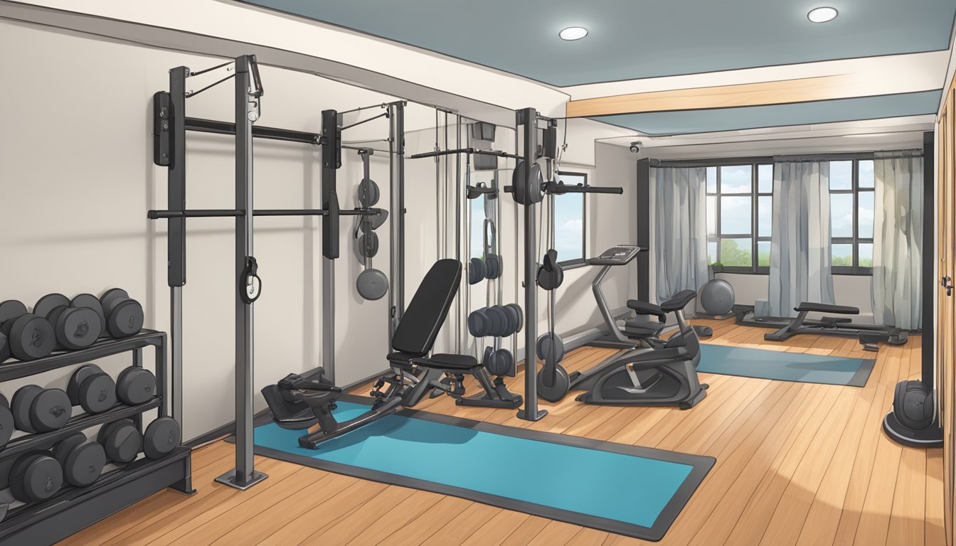 A spacious double wide trailer with a designated area for a home gym. The room is filled with various exercise equipment including weights, yoga mats, and a treadmill