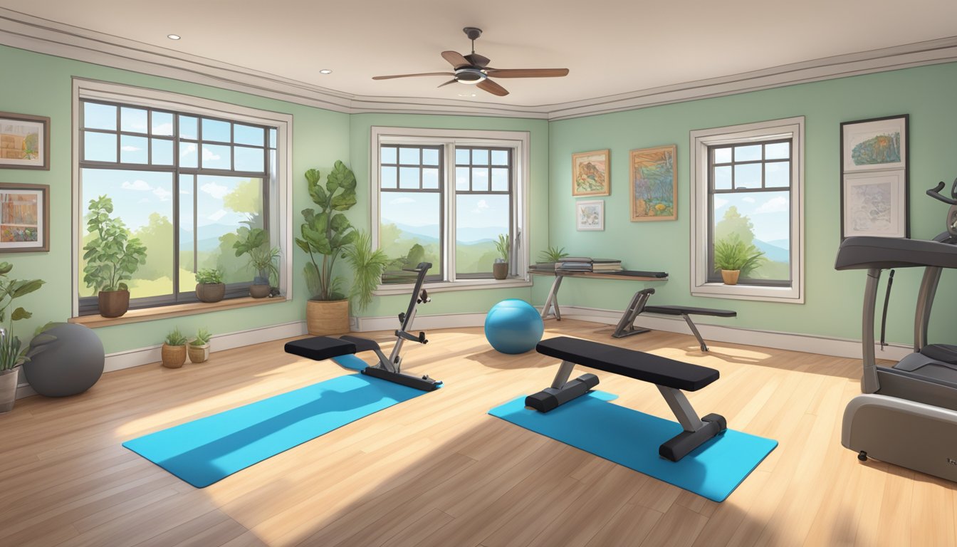 A spacious double wide with exercise equipment including a treadmill, weight bench, and yoga mat. Large windows let in natural light, and motivational posters adorn the walls