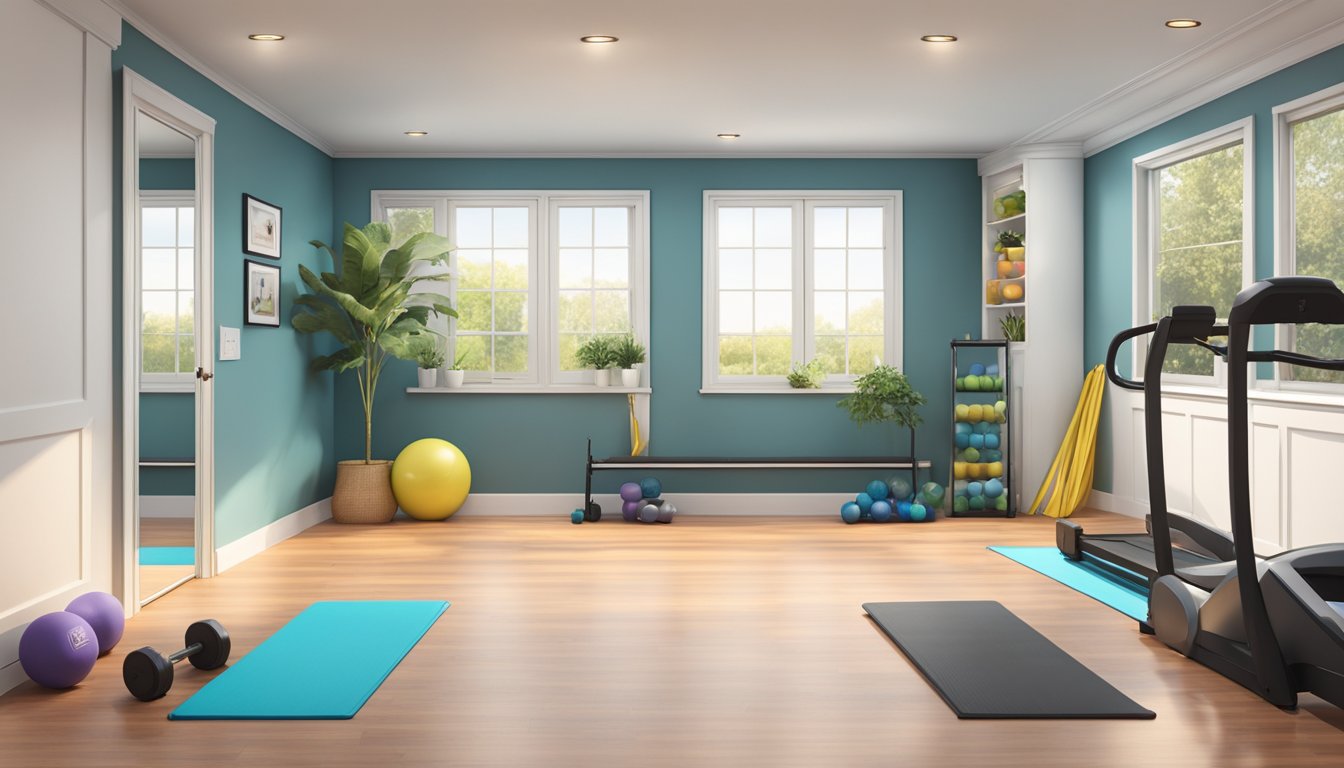 A double wide trailer with open space transformed into a home gym. Dumbbells, resistance bands, and yoga mat on the floor. Wall-mounted mirror and motivational posters