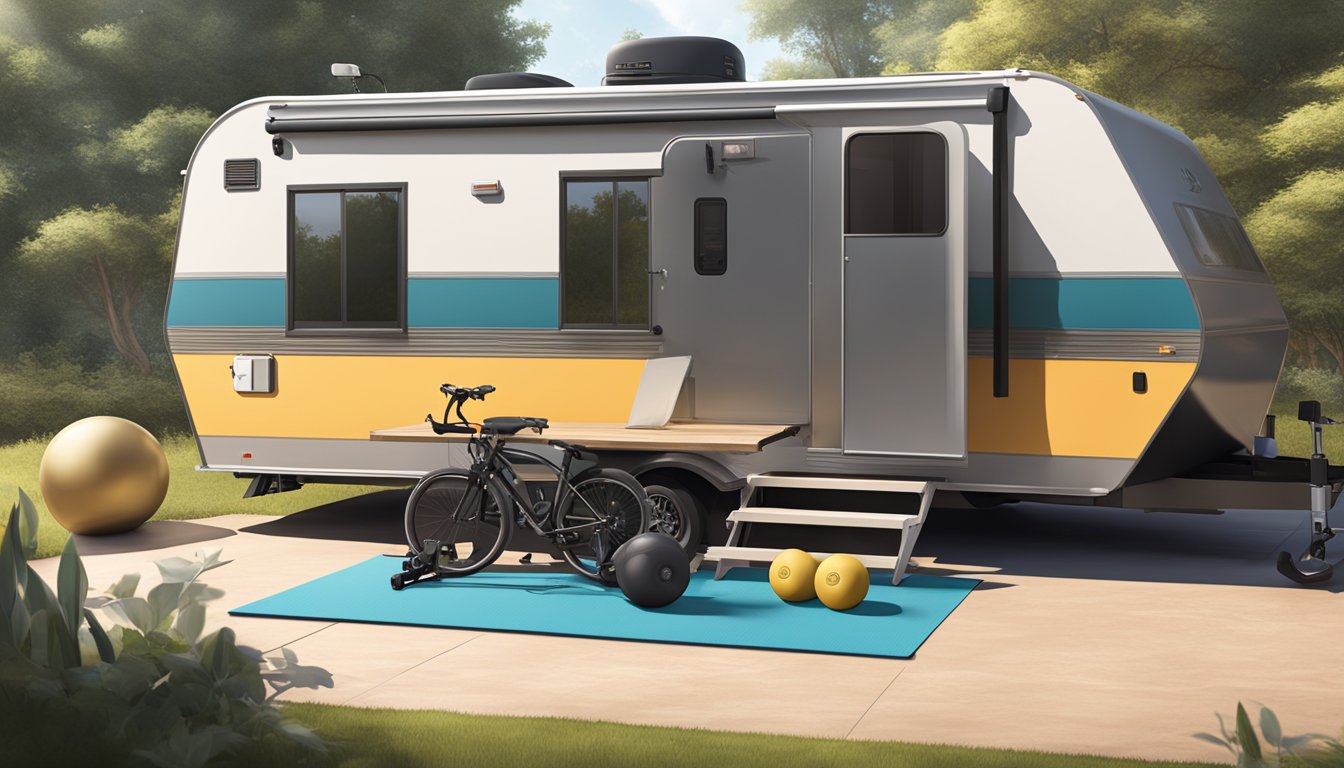 A double wide trailer with open space, a yoga mat, free weights, resistance bands, and a stationary bike, surrounded by windows and natural light