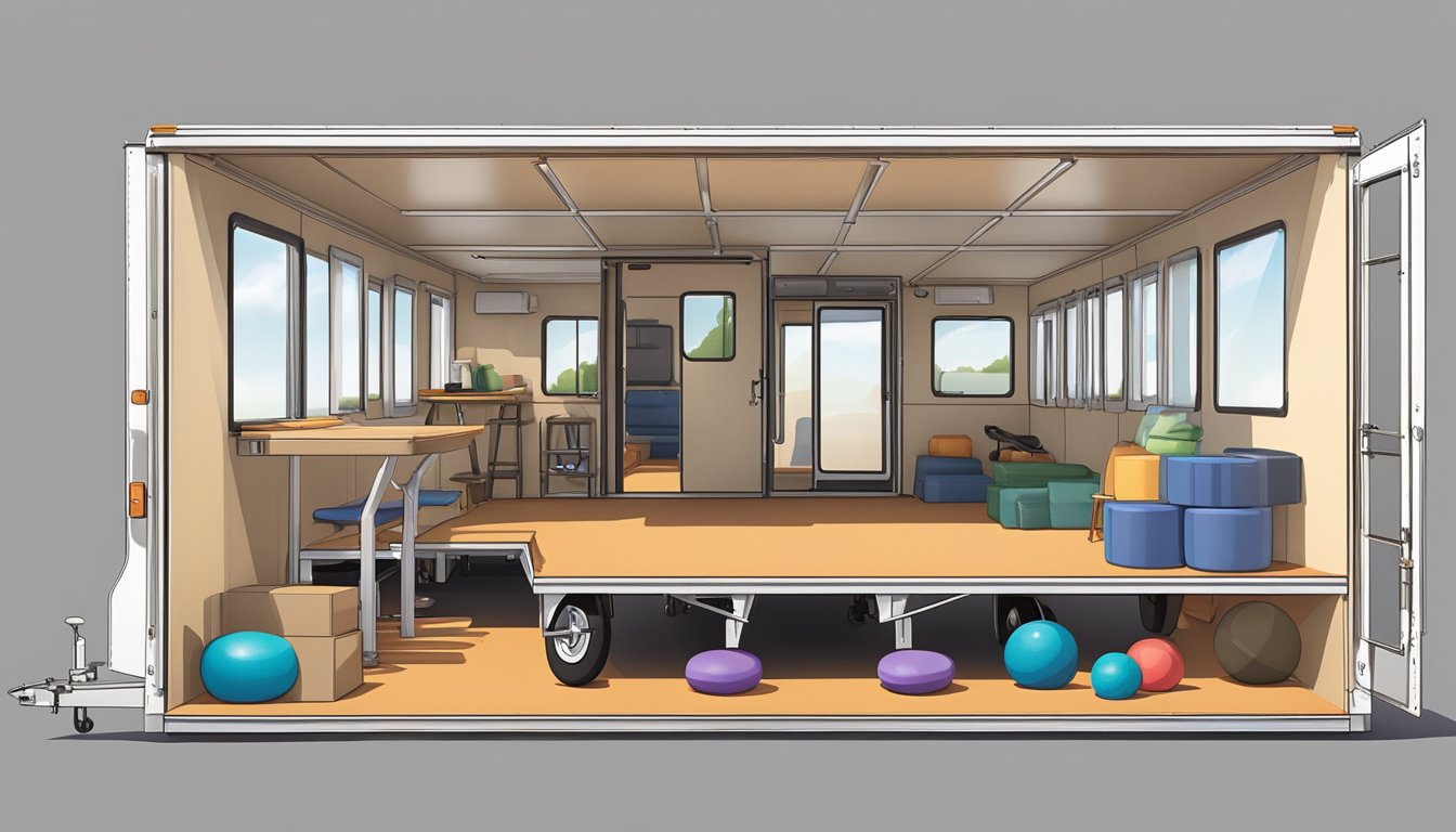 A double wide trailer with open doors, converted into a gym with exercise equipment, weights, and yoga mats. Windows let in natural light