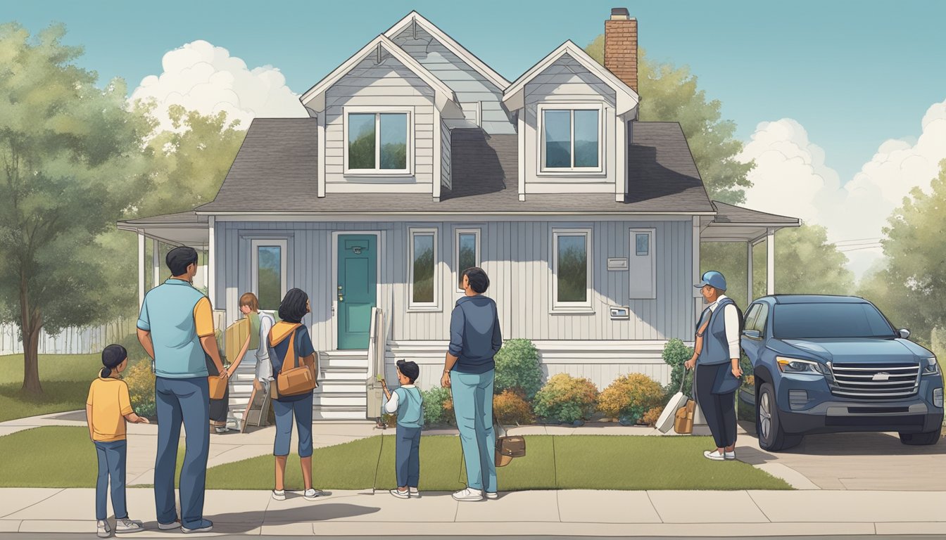 A family stands outside a double wide home, surrounded by internet connectivity equipment. They are in the process of purchasing the home, with a real estate agent guiding them through the process