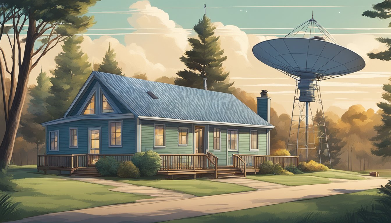 A double wide home surrounded by trees with a satellite dish on the roof, and a high-speed internet tower in the background