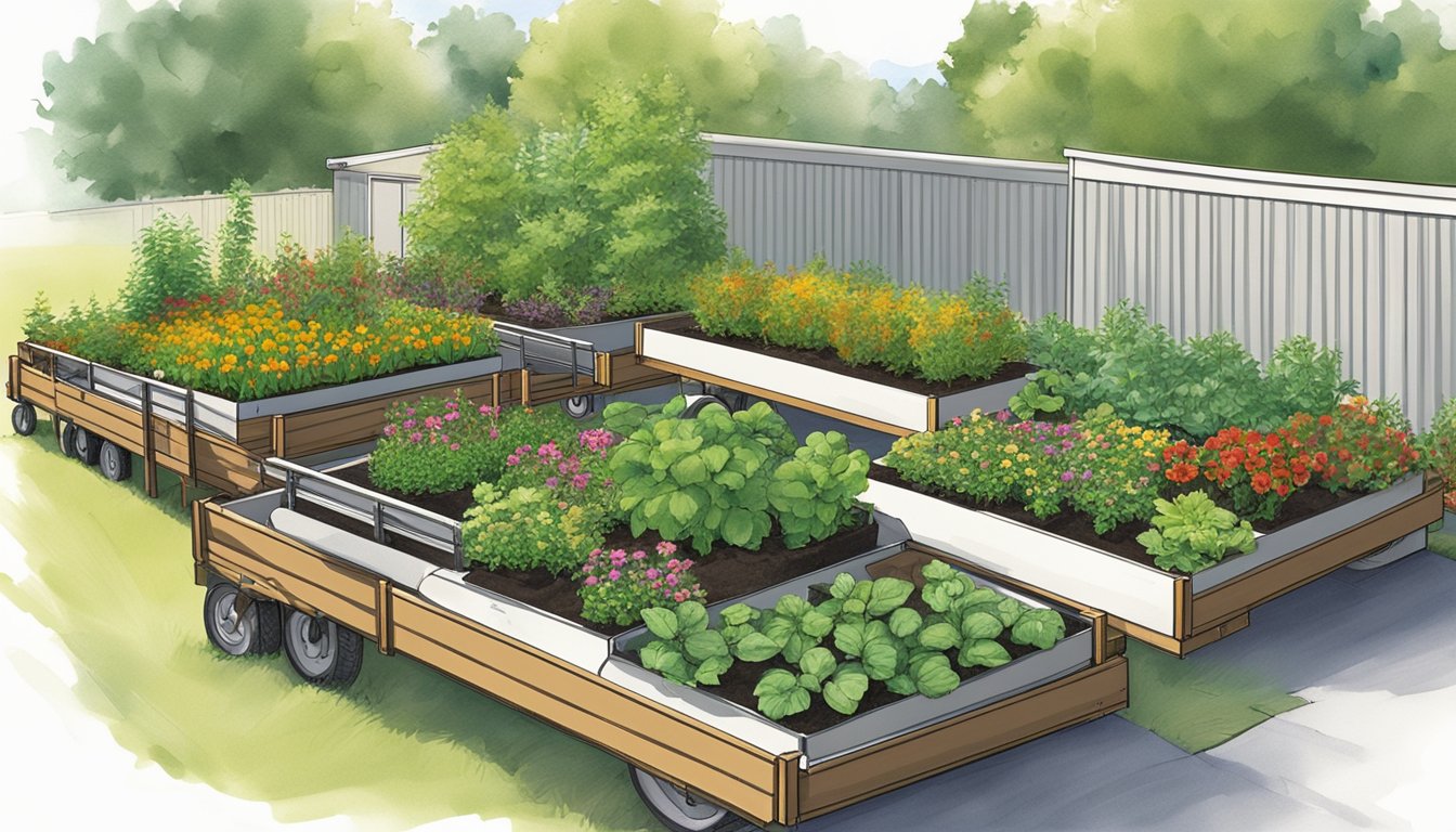 A wheelchair-accessible raised garden bed sits beside a double wide trailer, with ramps and wide paths for easy navigation. Raised beds are at a comfortable height for wheelchair users