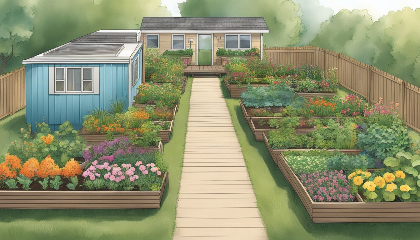 A double wide trailer surrounded by raised garden beds with wide, accessible pathways. A variety of plants and flowers fill the space, with a focus on mobile-friendly features