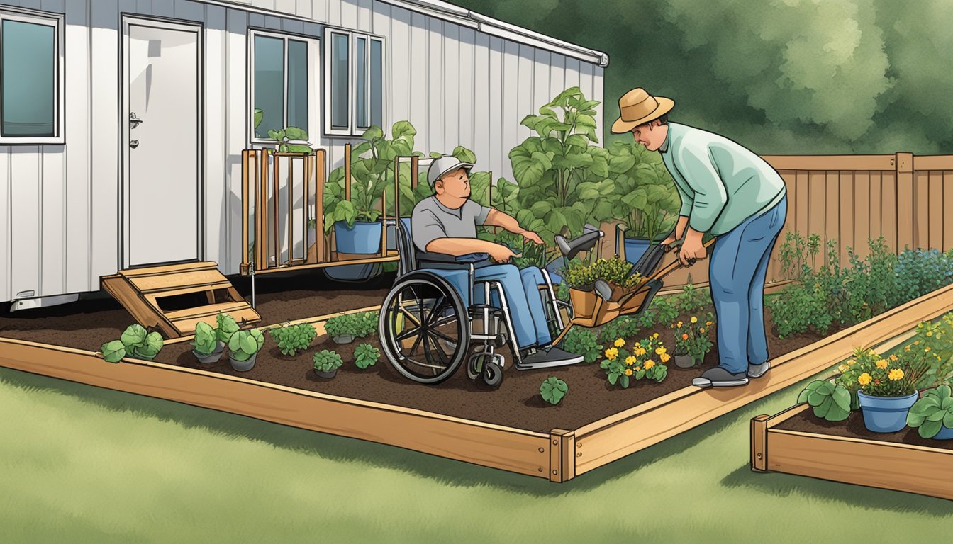 A person in a wheelchair selects gardening tools from a raised bed garden next to a double wide trailer. The tools are designed for accessibility, with long handles and easy-to-grip features