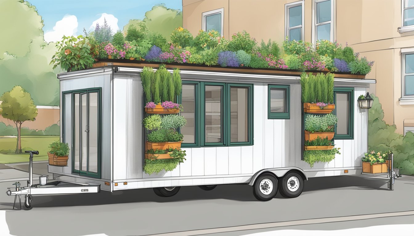 A double wide trailer with vertical and hanging gardens surrounding it, providing accessible gardening options for all