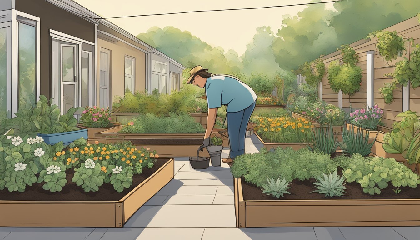 A gardener tending to raised beds and potted plants outside a double wide, with a sign advertising "Professional Guidance and Custom Solutions for Accessible Gardening."