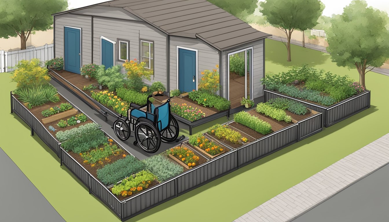 A wheelchair-accessible garden with raised beds and wide pathways surrounded by a double wide trailer