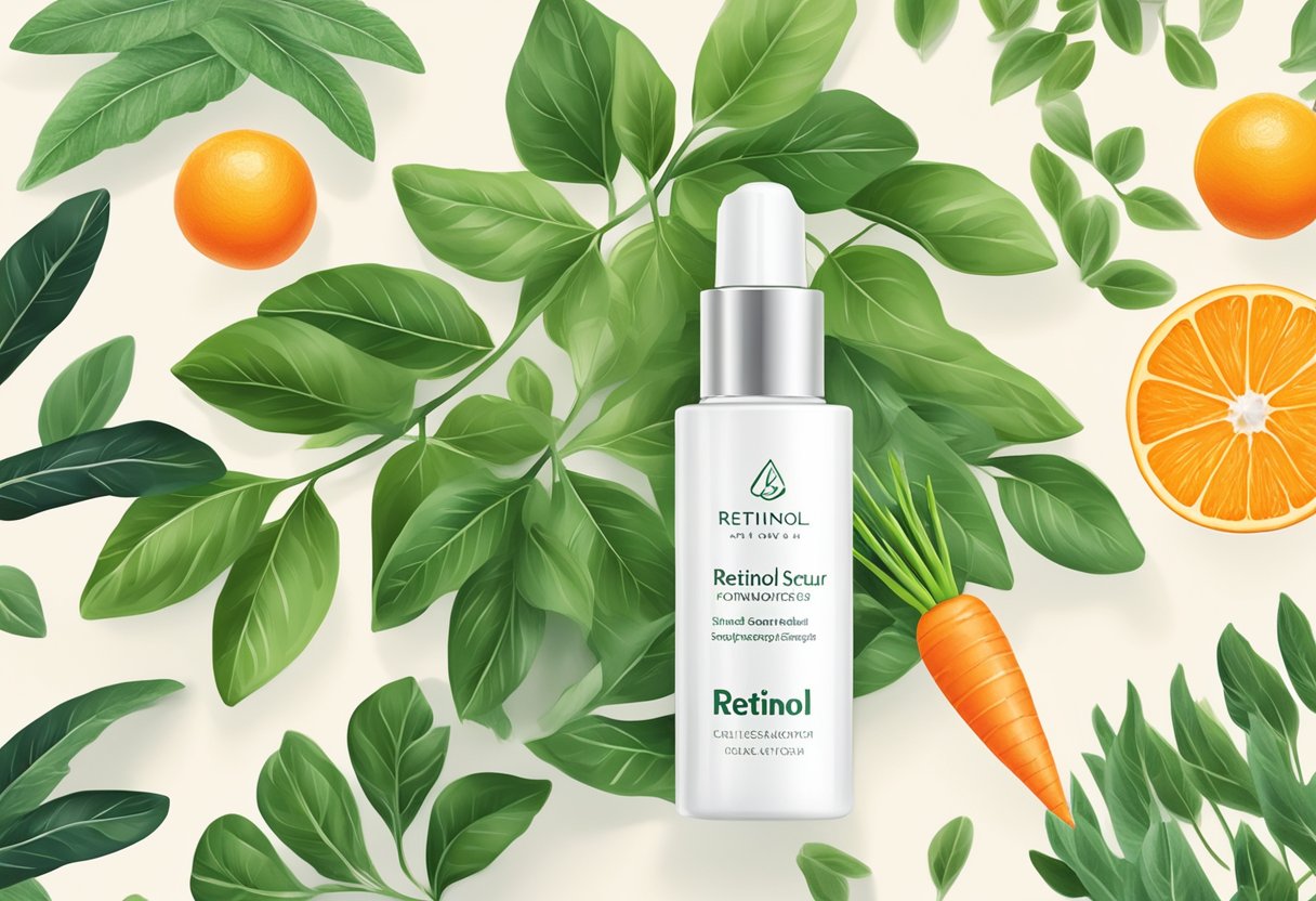 A clear bottle of retinol serum sits on a marble countertop, surrounded by lush green leaves and a bright orange carrot