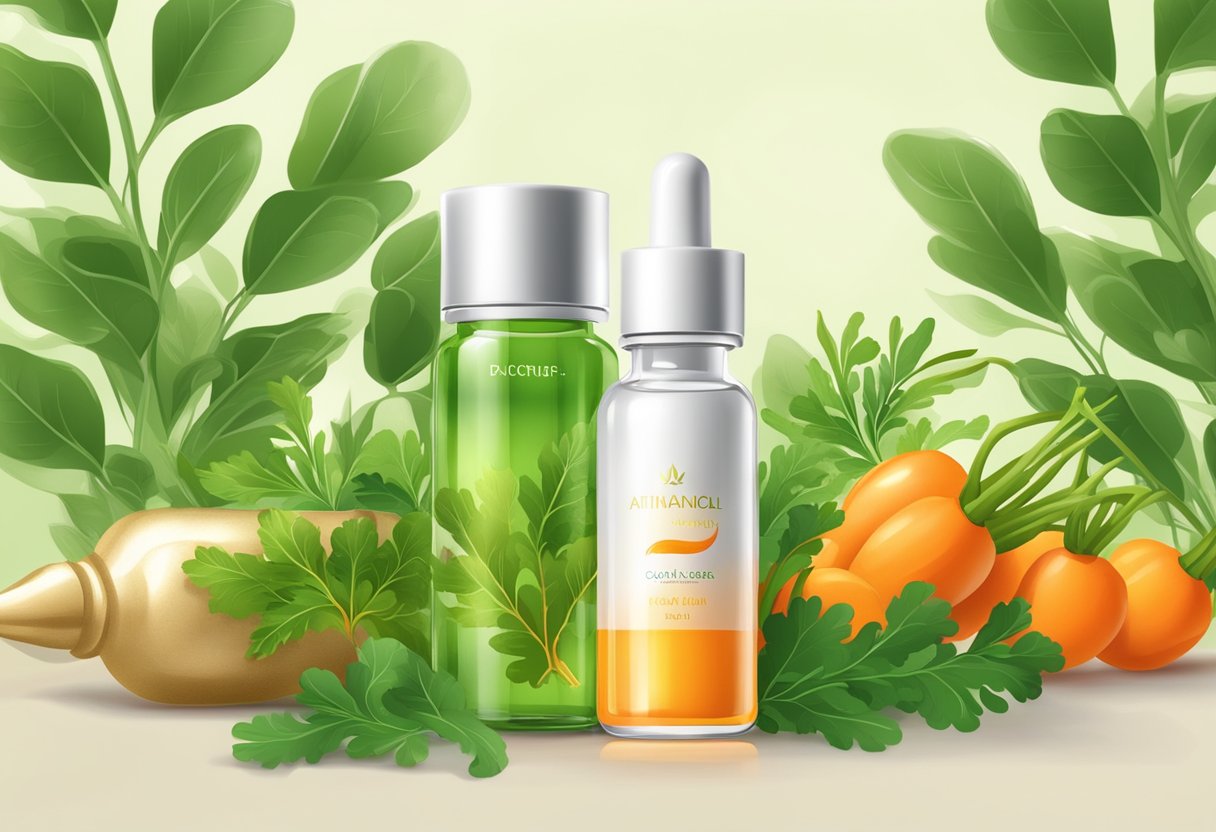 A clear glass bottle filled with golden retinol serum, surrounded by vibrant green leaves and bright orange carrots, symbolizing the natural source of Vitamin A